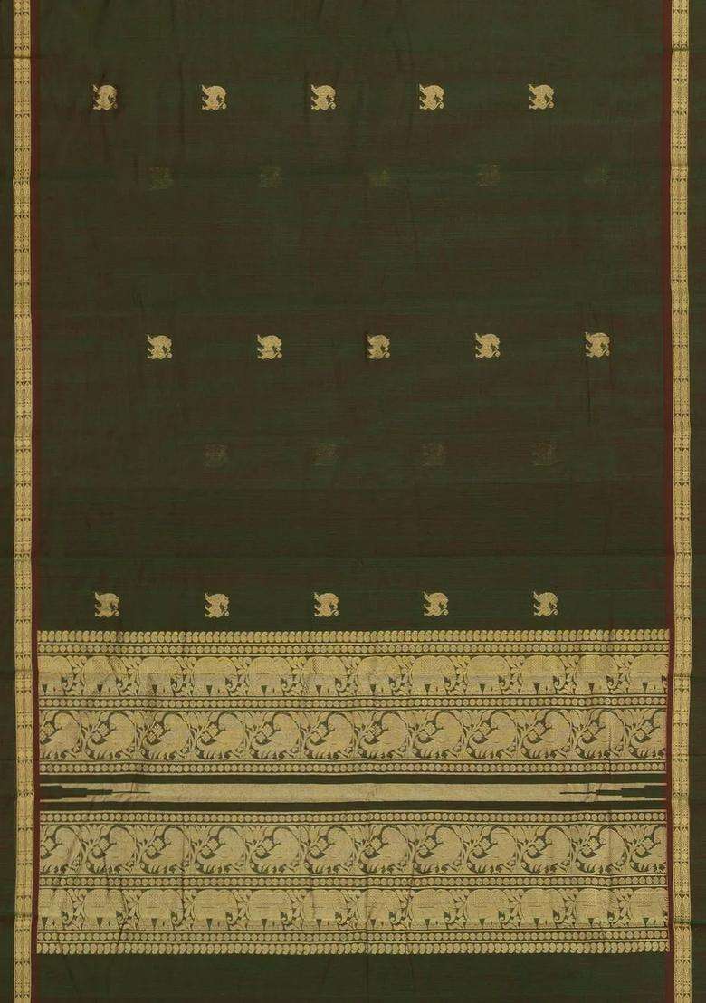 Dark Green Handloom Kanchi Cotton Saree With Yazhi Buttas With Buttas And Brocade Design For Women - Indya