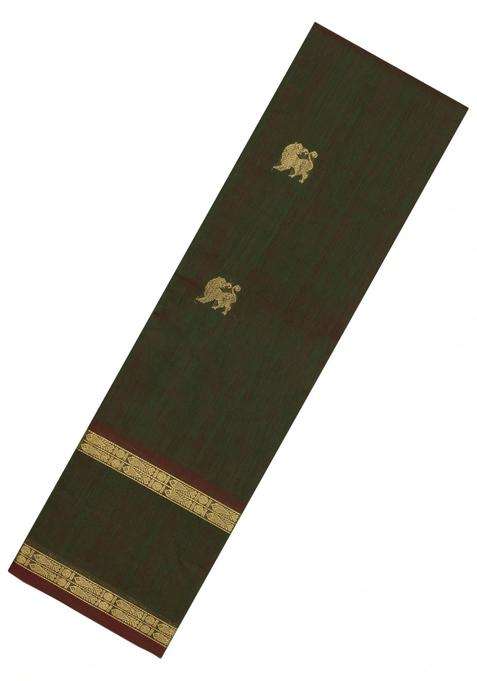 Dark Green Handloom Kanchi Cotton Saree With Yazhi Buttas With Buttas And Brocade Design For Women