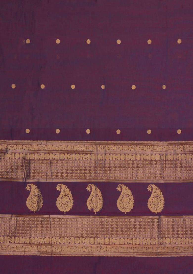 Burgundy Handloom Kanchi Cotton Saree With Chakaram Buttas With Buttas And Brocade Design For Women - Indya