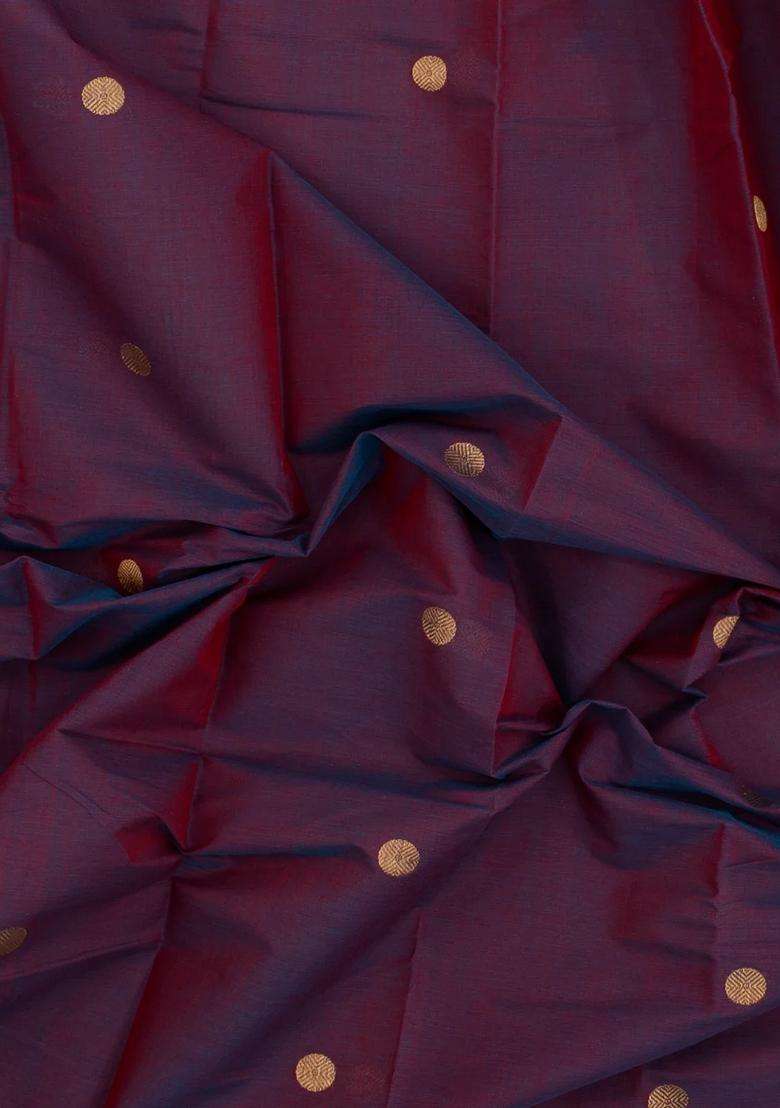 Burgundy Handloom Kanchi Cotton Saree With Chakaram Buttas With Buttas And Brocade Design For Women - Indya