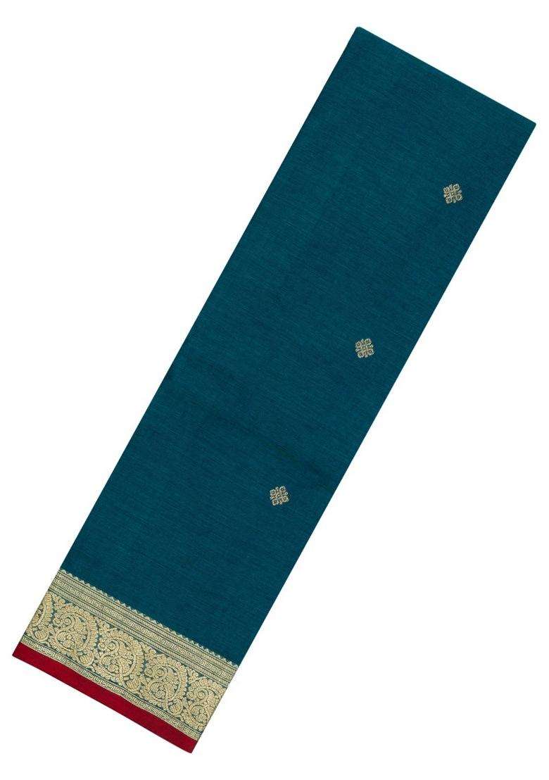 Cyan Handloom Kanchi Cotton Saree With Floral Buttas With Buttas And Brocade Design For Women - Indya