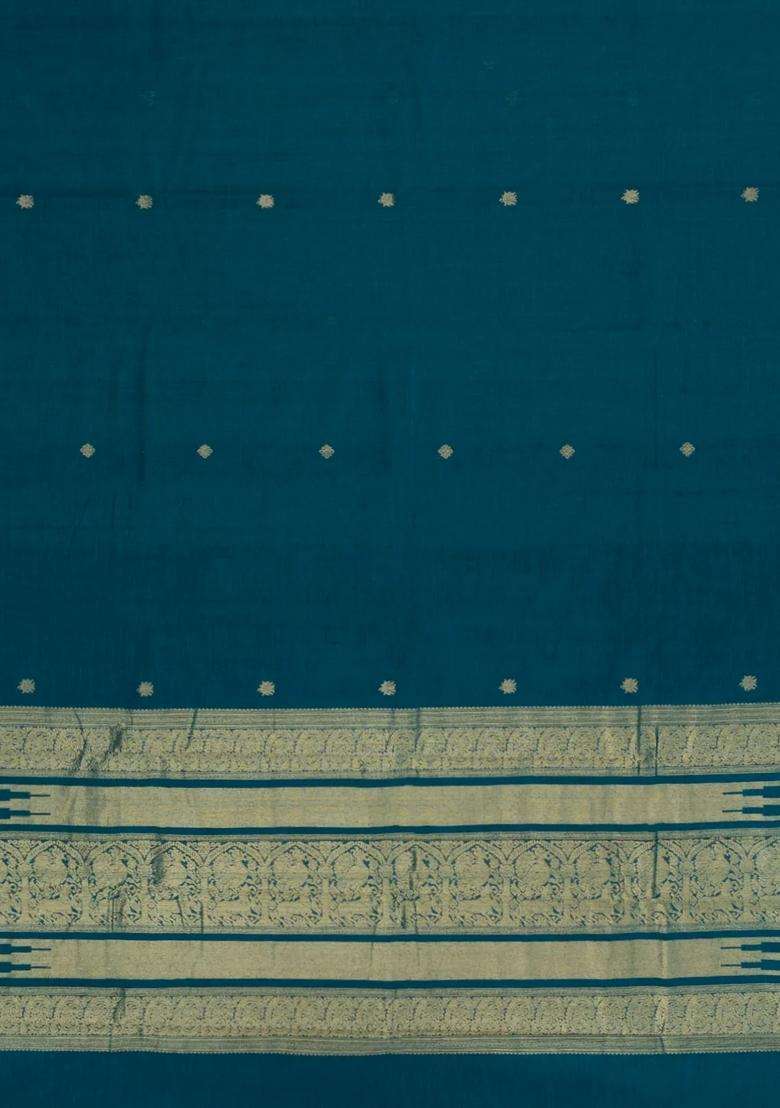 Cyan Handloom Kanchi Cotton Saree With Floral Buttas With Buttas And Brocade Design For Women - Indya
