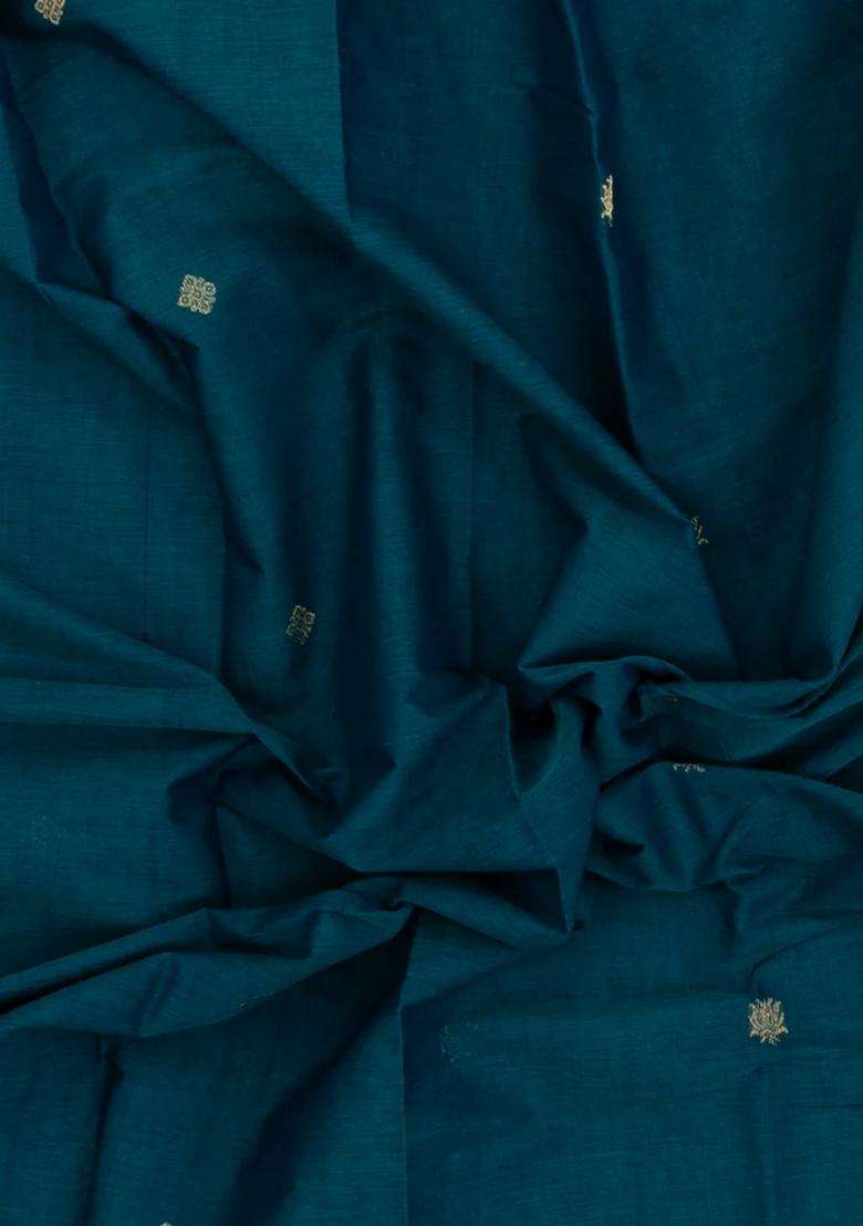 Cyan Handloom Kanchi Cotton Saree With Floral Buttas With Buttas And Brocade Design For Women - Indya