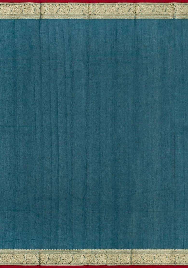 Cyan Handloom Kanchi Cotton Saree With Floral Buttas With Buttas And Brocade Design For Women - Indya