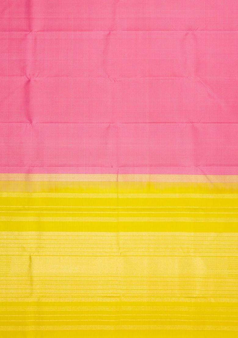 Peach Handloom Kanchipuram Silk Saree With Zari Checks With Checks And Stripes Design For Women - Indya