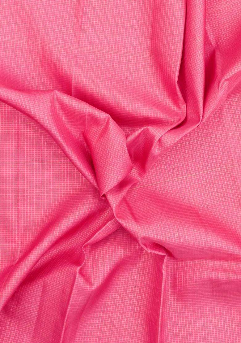 Peach Handloom Kanchipuram Silk Saree With Zari Checks With Checks And Stripes Design For Women - Indya