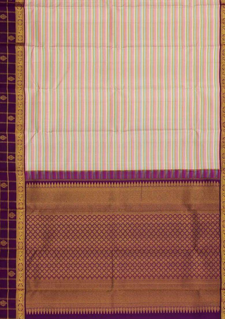 Multi Colour Handloom Korvai Kanchipuram Silk Saree With Stripes With Korvai And Temple Border Design For Women - Indya