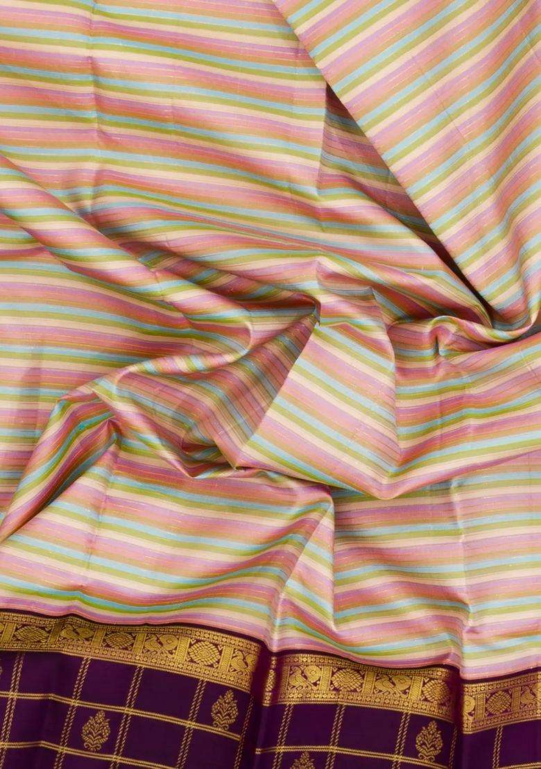 Multi Colour Handloom Korvai Kanchipuram Silk Saree With Stripes With Korvai And Temple Border Design For Women - Indya