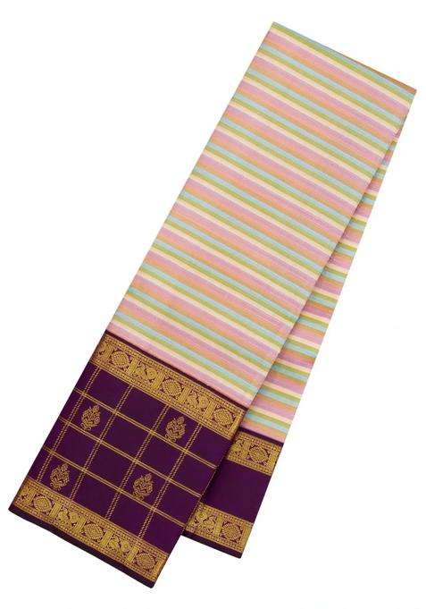 Multi Colour Handloom Korvai Kanchipuram Silk Saree With Stripes With Korvai And Temple Border Design For Women