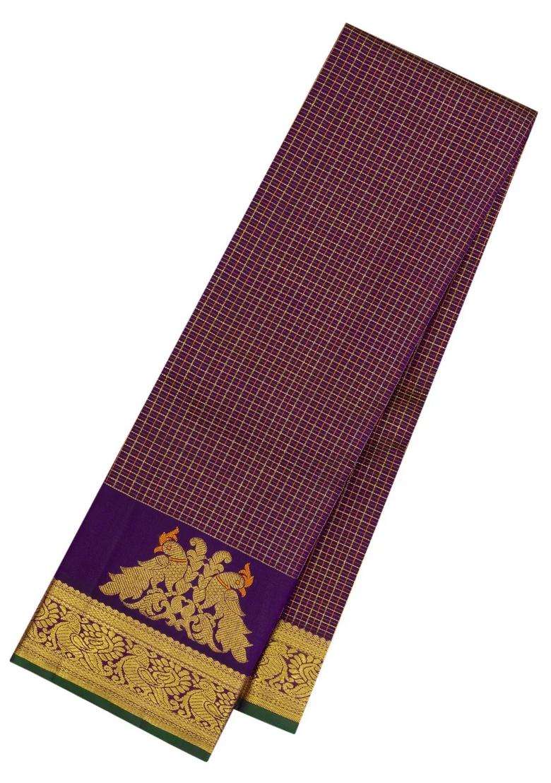 Purple Handloom Kanchipuram Silk Saree With Meena Checks With Checks And Stripes Design For Women - Indya