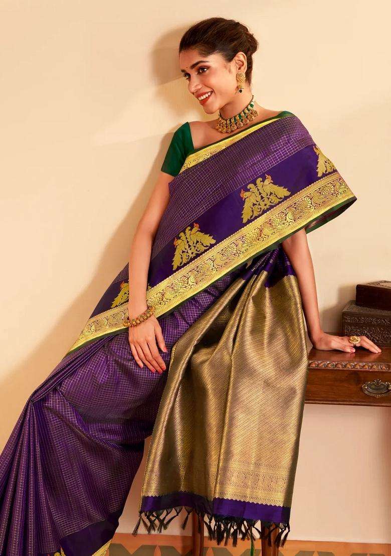 Purple Handloom Kanchipuram Silk Saree With Meena Checks With Checks And Stripes Design For Women - Indya