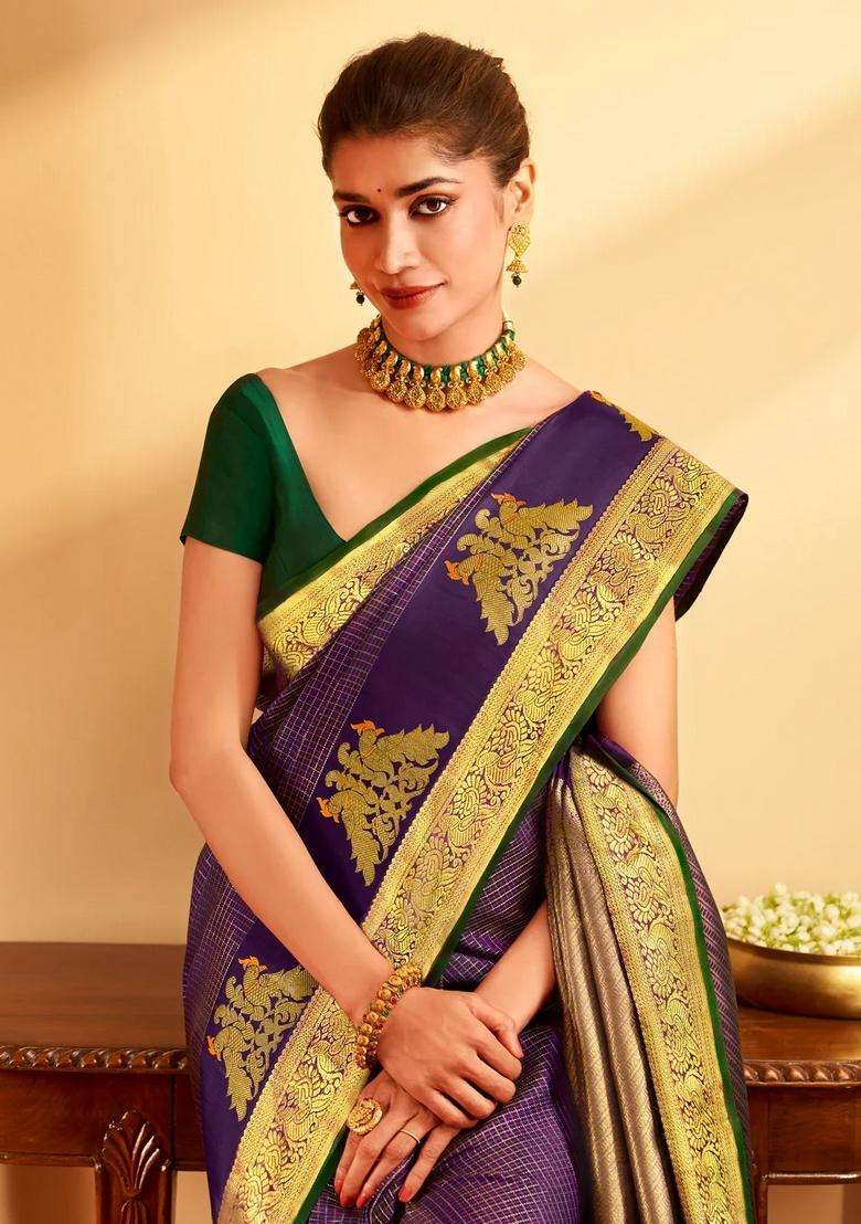 Purple Handloom Kanchipuram Silk Saree With Meena Checks With Checks And Stripes Design For Women - Indya
