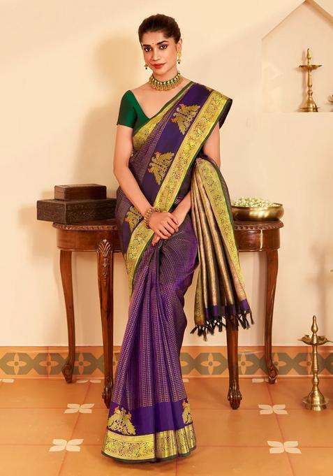 Purple Handloom Kanchipuram Silk Saree With Meena Checks With Checks And Stripes Design For Women