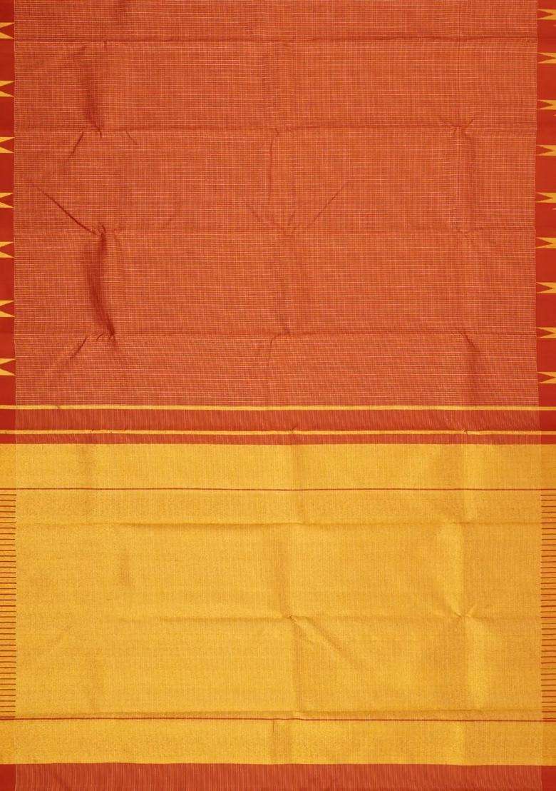 Rust Handloom Kanchipuram Silk Saree With Checks Temple Border With Korvai And Temple Border Design For Women - Indya