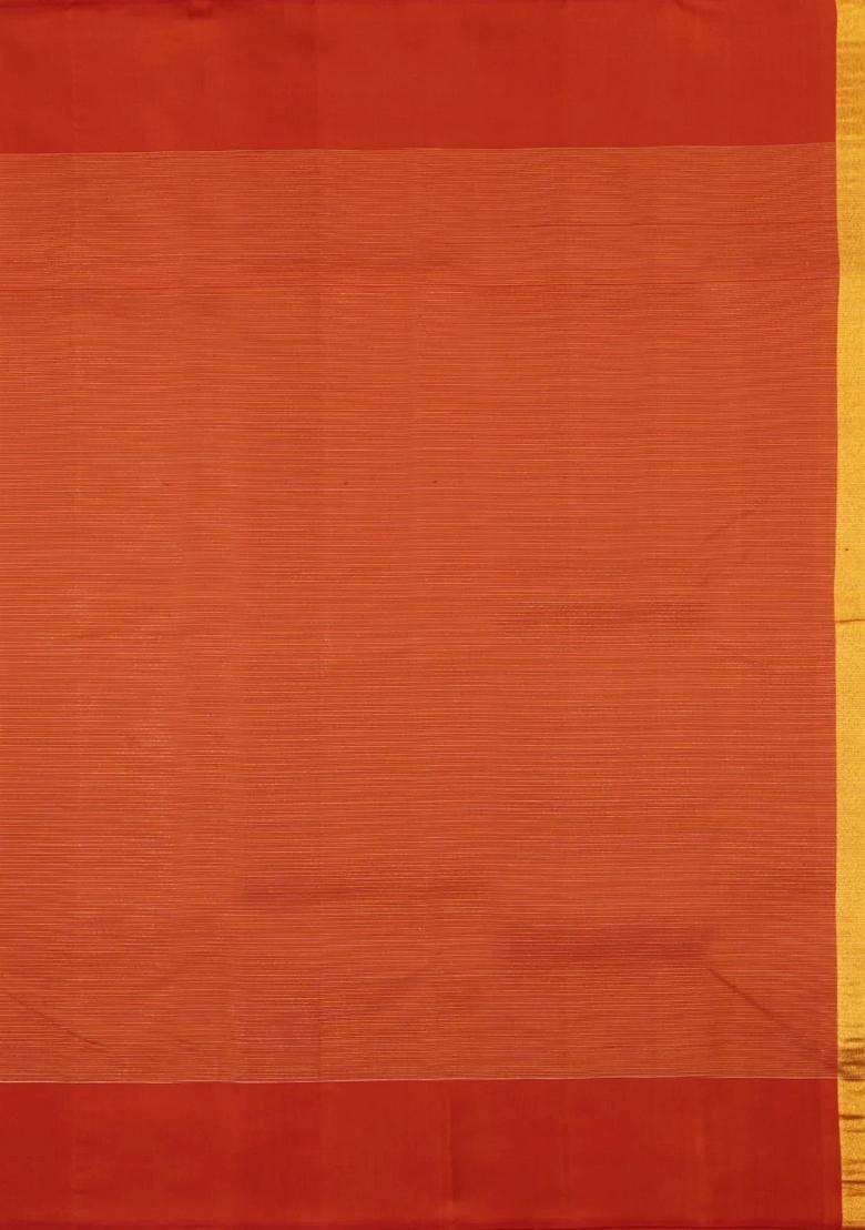 Rust Handloom Kanchipuram Silk Saree With Checks Temple Border With Korvai And Temple Border Design For Women - Indya