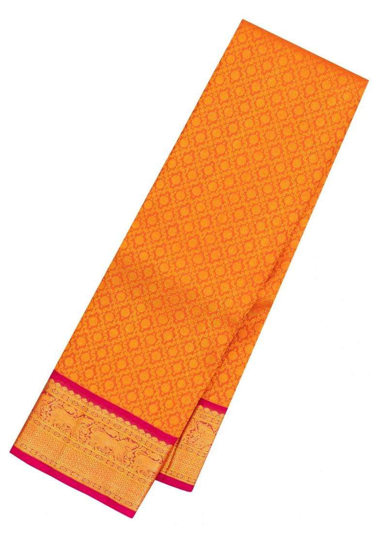 Orange Handloom Korvai Kanchipuram Silk Saree With Zari Motifs With Korvai And Temple Border Design For Women - Indya
