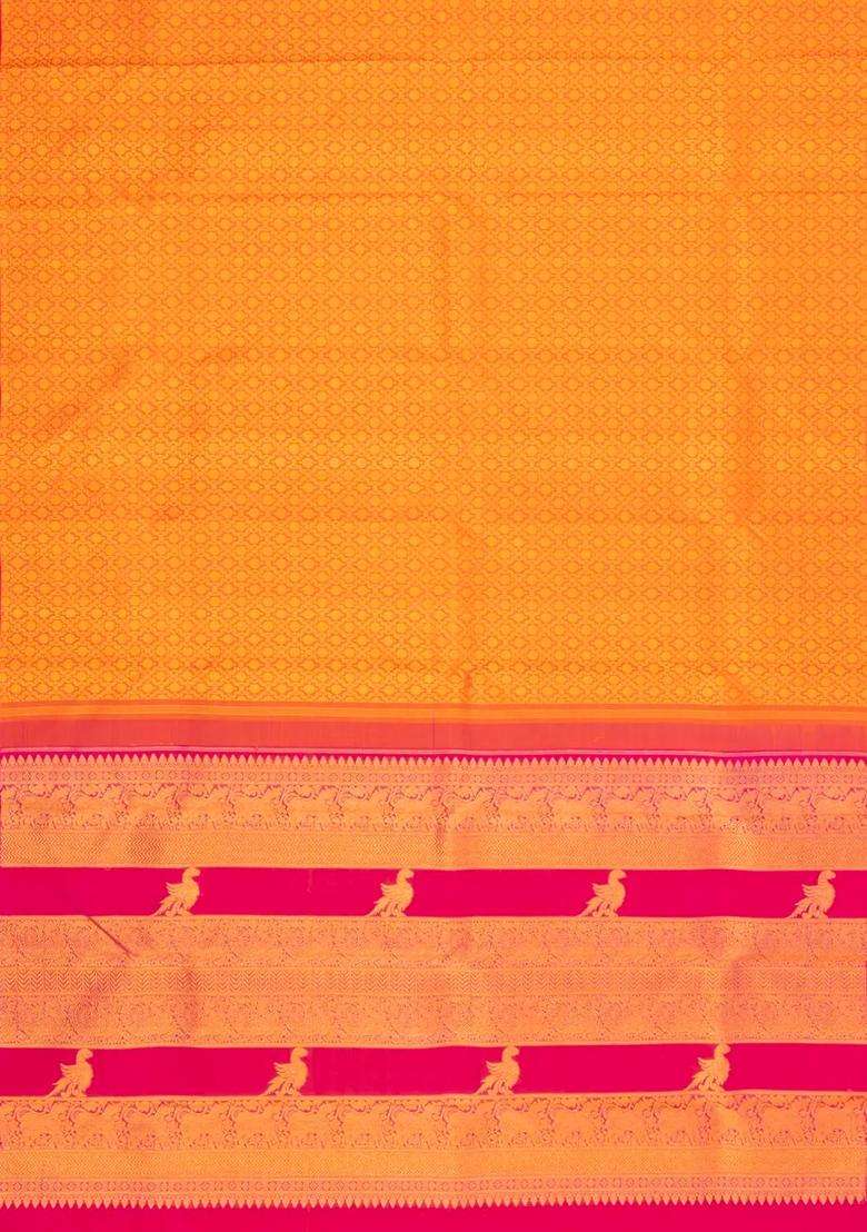 Orange Handloom Korvai Kanchipuram Silk Saree With Zari Motifs With Korvai And Temple Border Design For Women - Indya