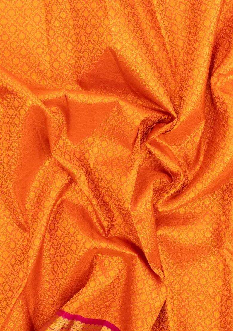 Orange Handloom Korvai Kanchipuram Silk Saree With Zari Motifs With Korvai And Temple Border Design For Women - Indya