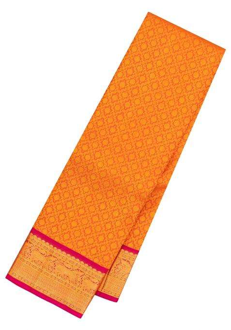 Orange Handloom Korvai Kanchipuram Silk Saree With Zari Motifs With Korvai And Temple Border Design For Women