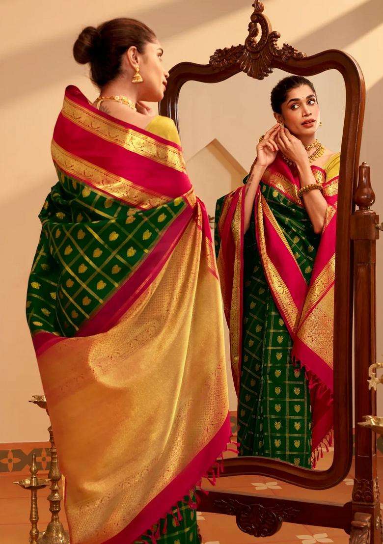 Dark Green Handloom Korvai Kanchipuram Silk Saree With Zari Checks Buttas With Korvai And Temple Border Design For Women - Indya