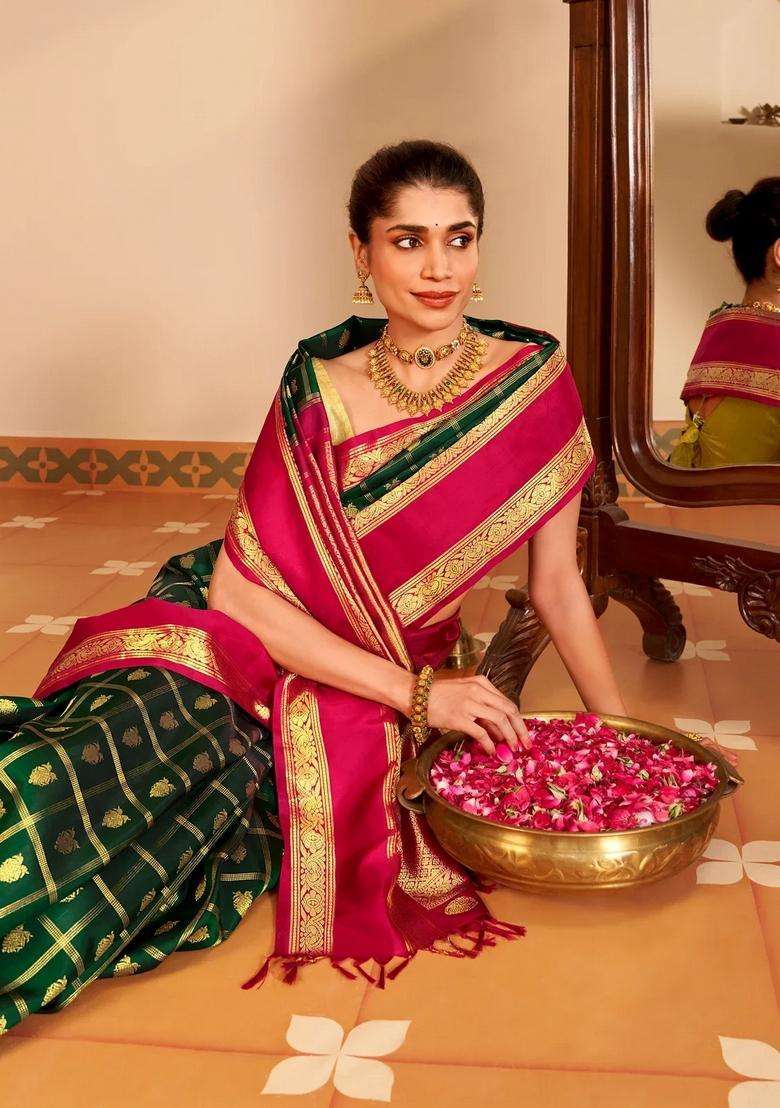 Dark Green Handloom Korvai Kanchipuram Silk Saree With Zari Checks Buttas With Korvai And Temple Border Design For Women - Indya