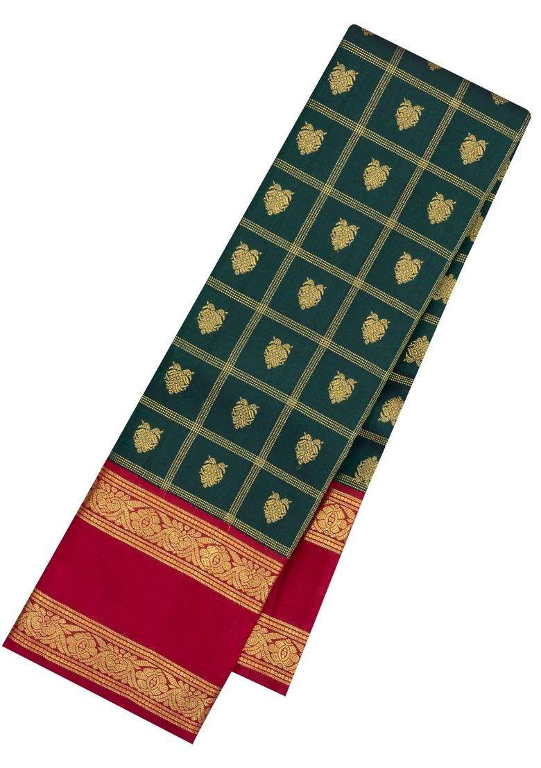 Dark Green Handloom Korvai Kanchipuram Silk Saree With Zari Checks Buttas With Korvai And Temple Border Design For Women - Indya