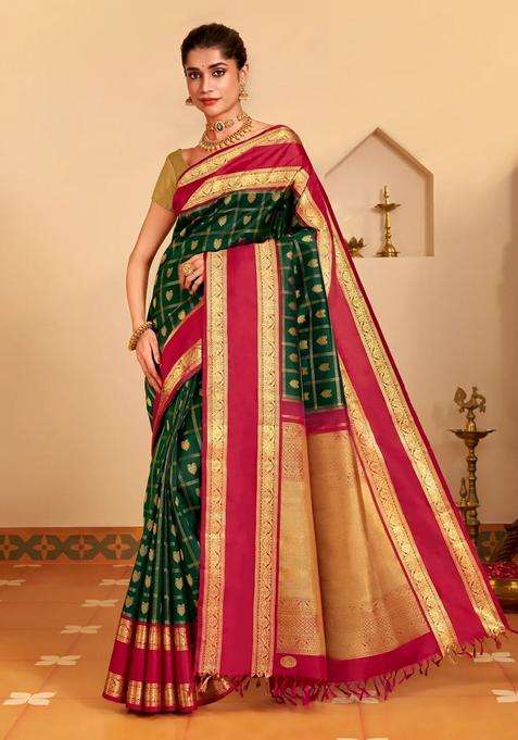 Dark Green Handloom Korvai Kanchipuram Silk Saree With Zari Checks Buttas With Korvai And Temple Border Design For Women