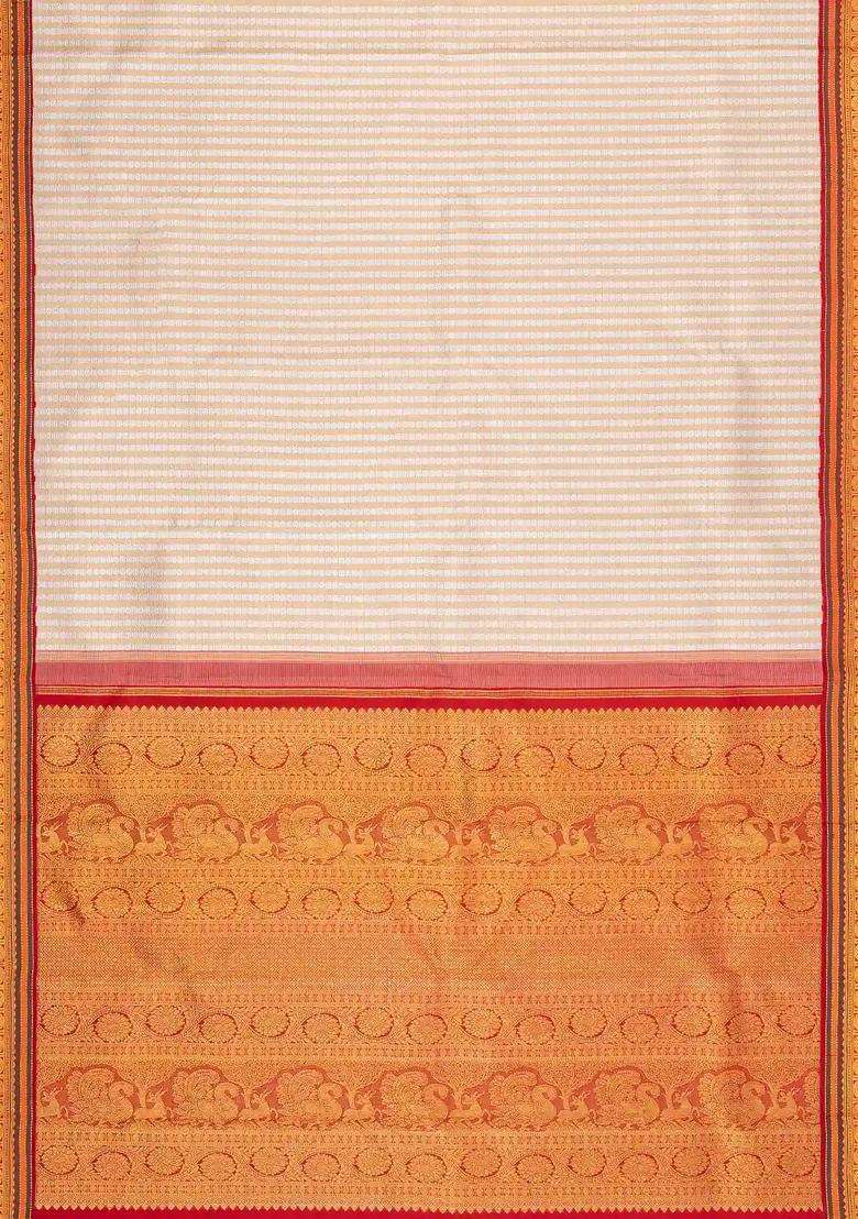 Taupe Handloom Korvai Kanchipuram Silk Saree With Zari Stripes With Korvai And Temple Border Design For Women - Indya