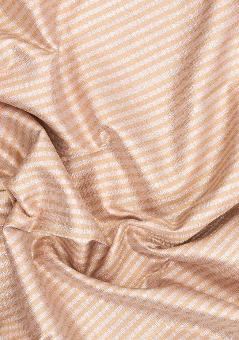 Taupe Handloom Korvai Kanchipuram Silk Saree With Zari Stripes With Korvai And Temple Border Design For Women - Indya