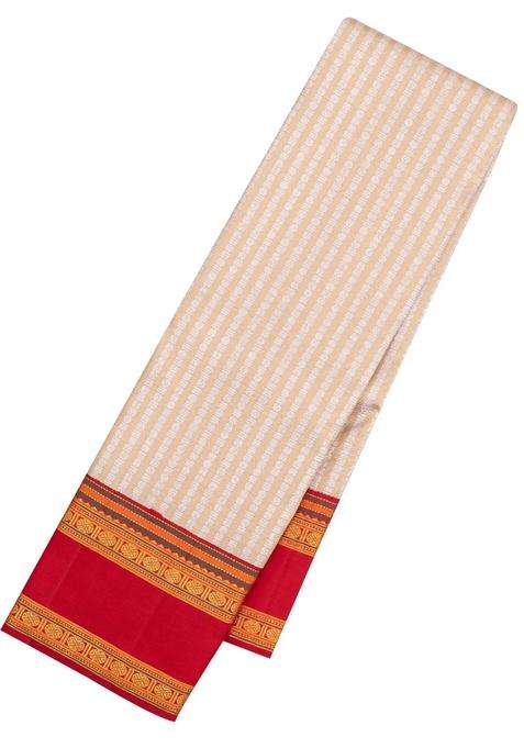 Taupe Handloom Korvai Kanchipuram Silk Saree With Zari Stripes With Korvai And Temple Border Design For Women