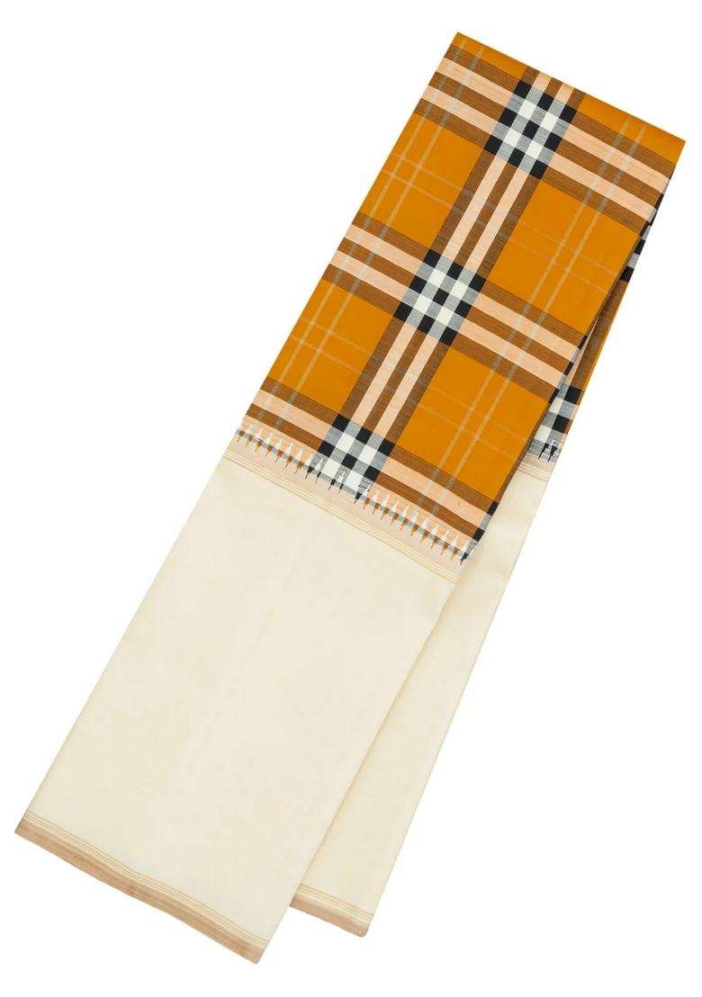Mustard Handloom Korvai Kanchipuram Silk Saree With Silk Checks With Korvai And Temple Border Design For Women - Indya