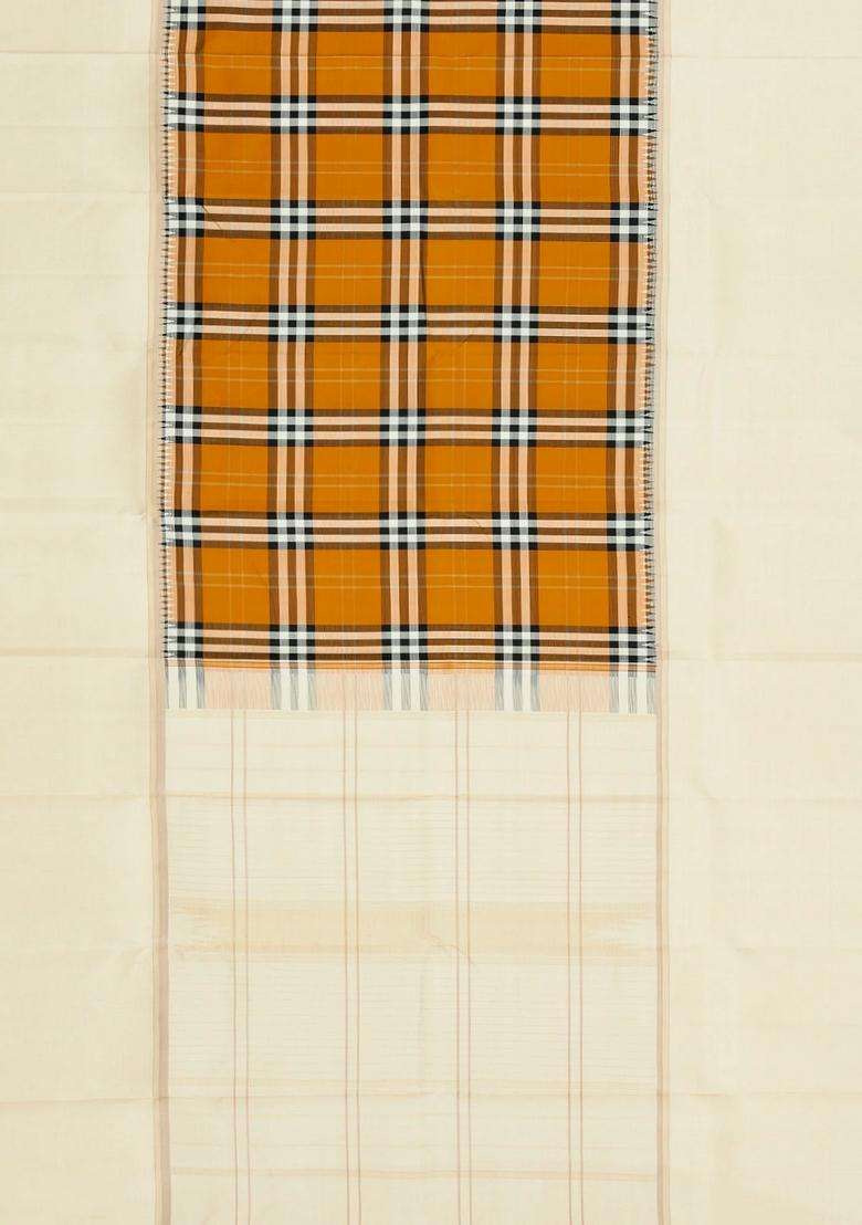 Mustard Handloom Korvai Kanchipuram Silk Saree With Silk Checks With Korvai And Temple Border Design For Women - Indya
