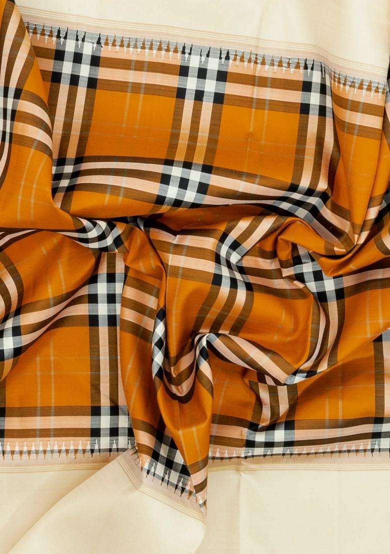 Mustard Handloom Korvai Kanchipuram Silk Saree With Silk Checks With Korvai And Temple Border Design For Women - Indya