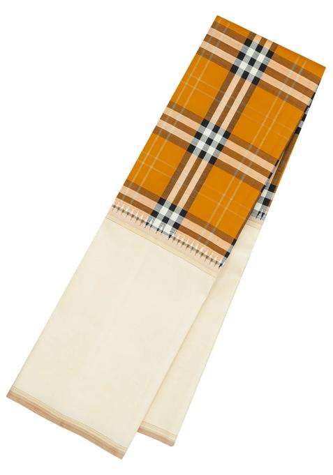 Mustard Handloom Korvai Kanchipuram Silk Saree With Silk Checks With Korvai And Temple Border Design For Women