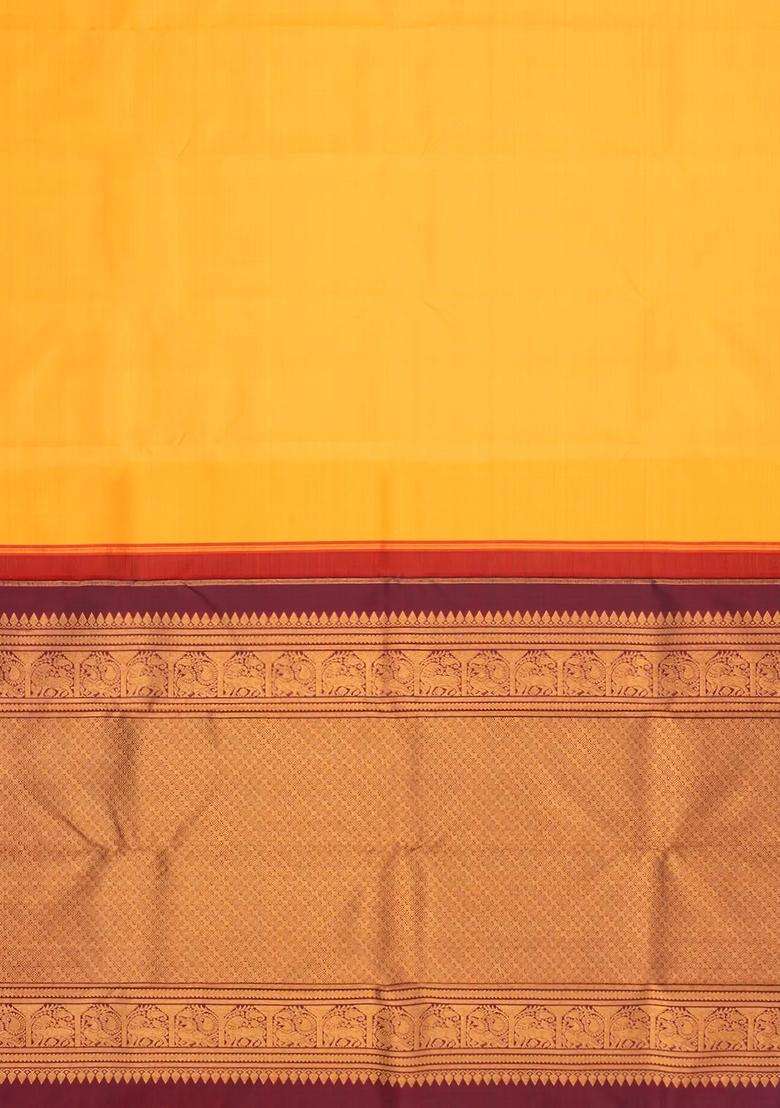 Yellow Handloom Korvai Kanchipuram Silk Saree With Maroon Border With Korvai And Temple Border Design For Women - Indya