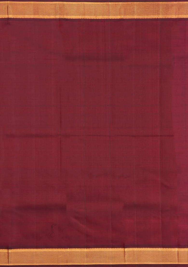 Yellow Handloom Korvai Kanchipuram Silk Saree With Maroon Border With Korvai And Temple Border Design For Women - Indya