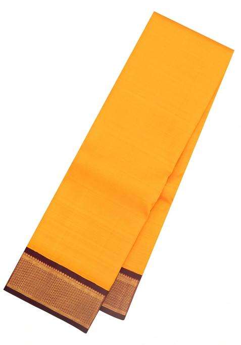 Yellow Handloom Korvai Kanchipuram Silk Saree With Maroon Border With Korvai And Temple Border Design For Women