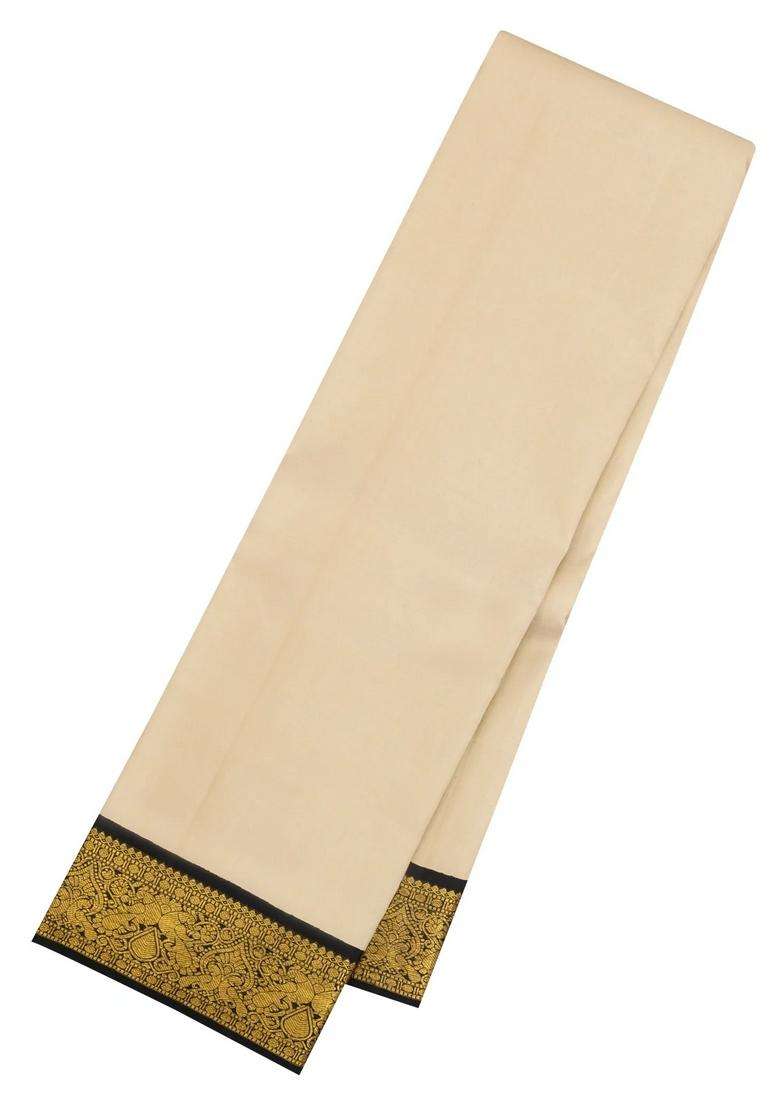 Taupe Handloom Korvai Kanchipuram Silk Saree With Black Border With Korvai And Temple Border Design For Women - Indya