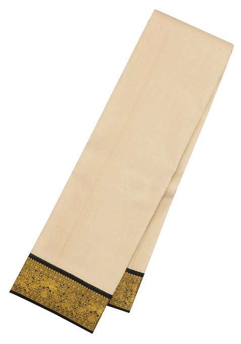 Taupe Handloom Korvai Kanchipuram Silk Saree With Black Border With Korvai And Temple Border Design For Women