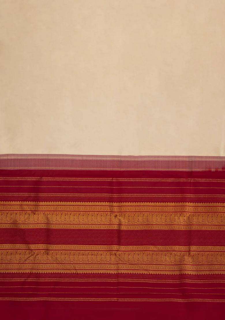 Taupe Handloom Korvai Kanchipuram Silk Saree With Crimson Border With Korvai And Temple Border Design For Women - Indya
