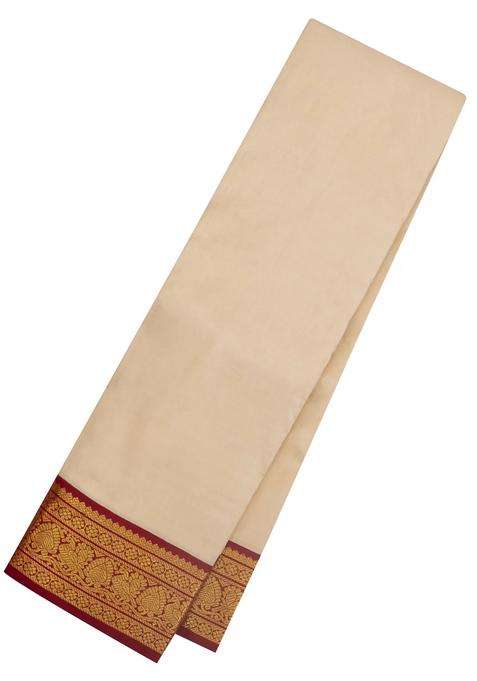 Taupe Handloom Korvai Kanchipuram Silk Saree With Crimson Border With Korvai And Temple Border Design For Women