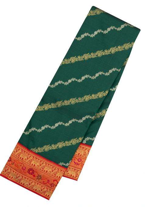 Bottle Green Handloom Korvai Kanchipuram Silk Saree With Floral Motifs With Korvai And Temple Border Design For Women