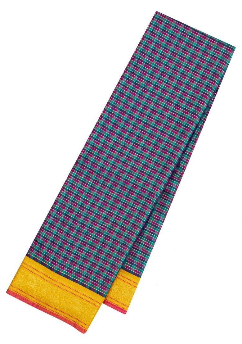 Multi Colour Handloom Korvai Kanchipuram Silk Saree With Checks With Korvai And Temple Border Design For Women - Indya
