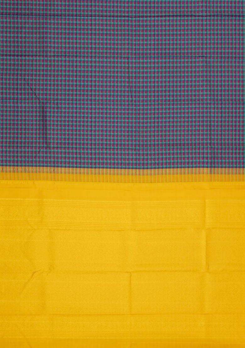 Multi Colour Handloom Korvai Kanchipuram Silk Saree With Checks With Korvai And Temple Border Design For Women - Indya
