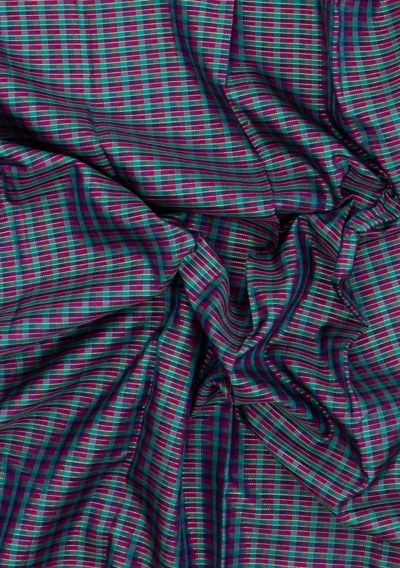 Multi Colour Handloom Korvai Kanchipuram Silk Saree With Checks With Korvai And Temple Border Design For Women - Indya