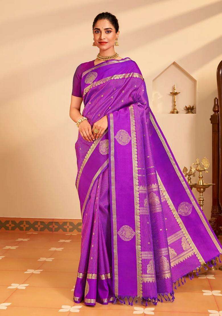 Purple Handloom Kanchipuram Silk Saree With Zari Checks Buttas With Buttas And Brocade Design For Women - Indya