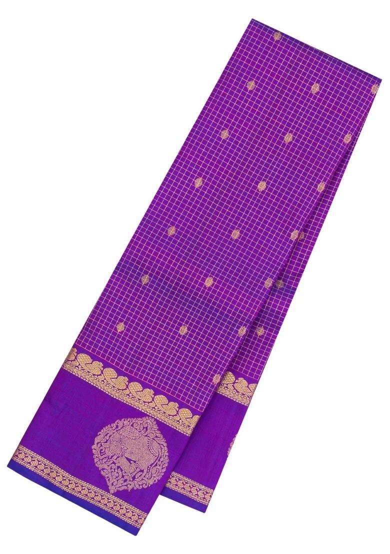 Purple Handloom Kanchipuram Silk Saree With Zari Checks Buttas With Buttas And Brocade Design For Women - Indya