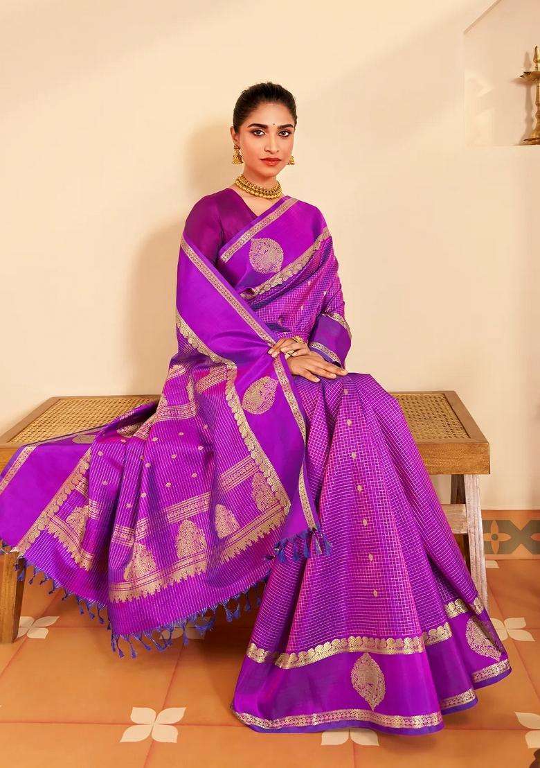 Purple Handloom Kanchipuram Silk Saree With Zari Checks Buttas With Buttas And Brocade Design For Women - Indya