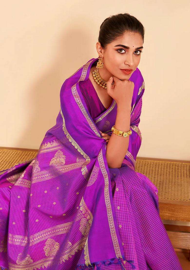 Purple Handloom Kanchipuram Silk Saree With Zari Checks Buttas With Buttas And Brocade Design For Women - Indya