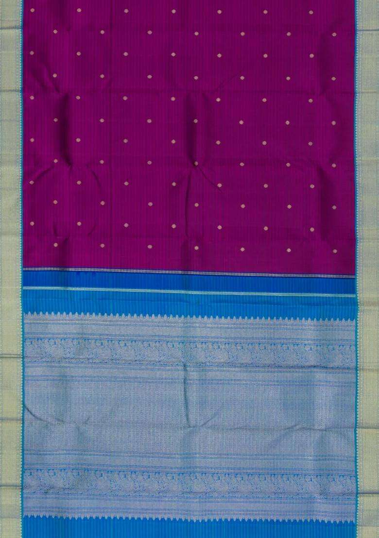 Dark Purple Handloom Korvai Kanchipuram Silk Saree With Stripes Buttas With Korvai And Temple Border Design For Women - Indya